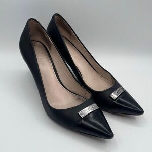 Coach Women's 9B Black‎ Leather Pointed Toe Heels Pumps Metal Logo Plate